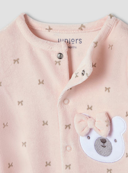 Juniors Crew Neck Sleepsuit with Bow Print- Cotton Blend - Long Sleeves-baby-girls-clothing-nightwear-sleepsuits-image-3