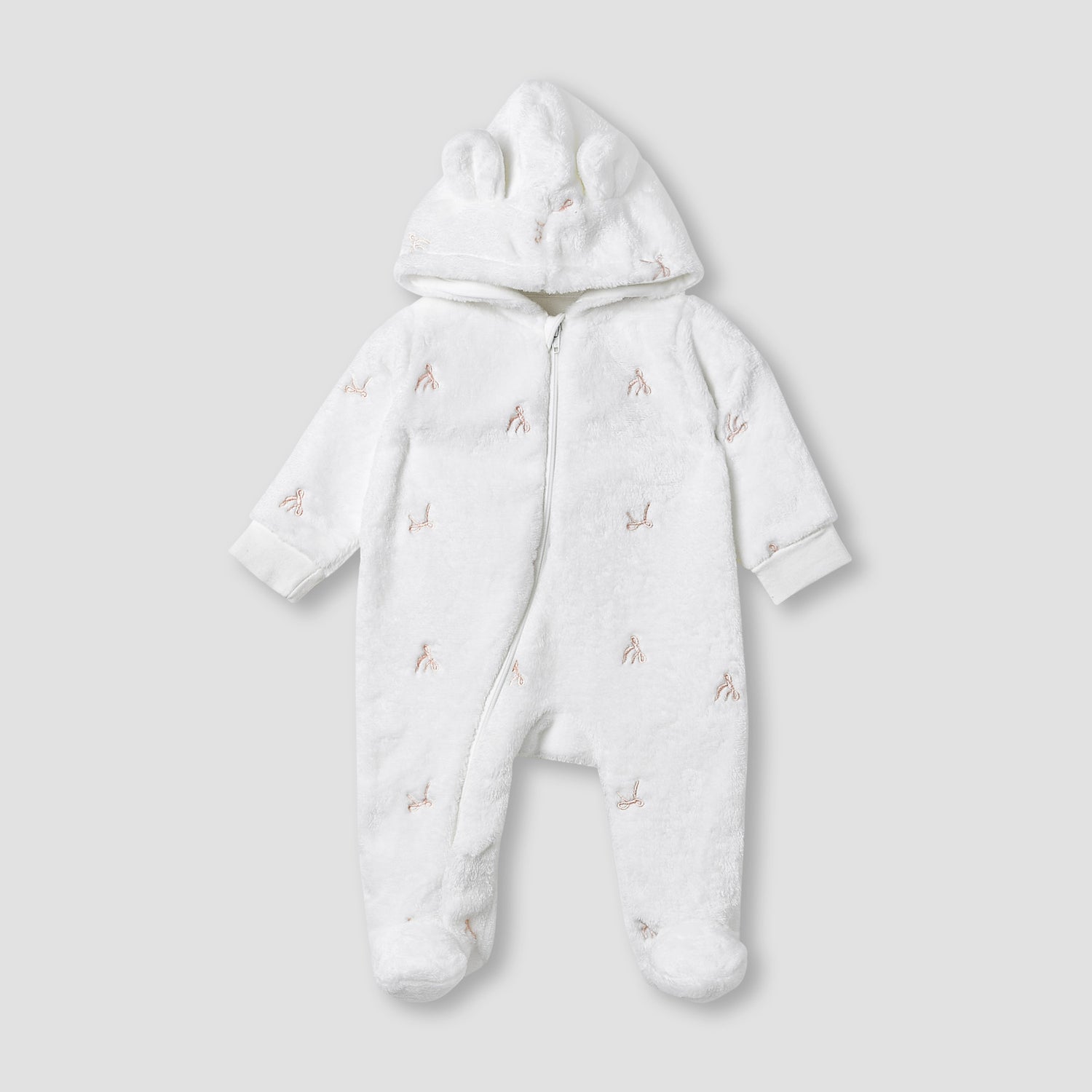 Juniors Hooded Sleepsuit with Bow Embroidery - Polyester - Long Sleeves - White / 9-12 mths