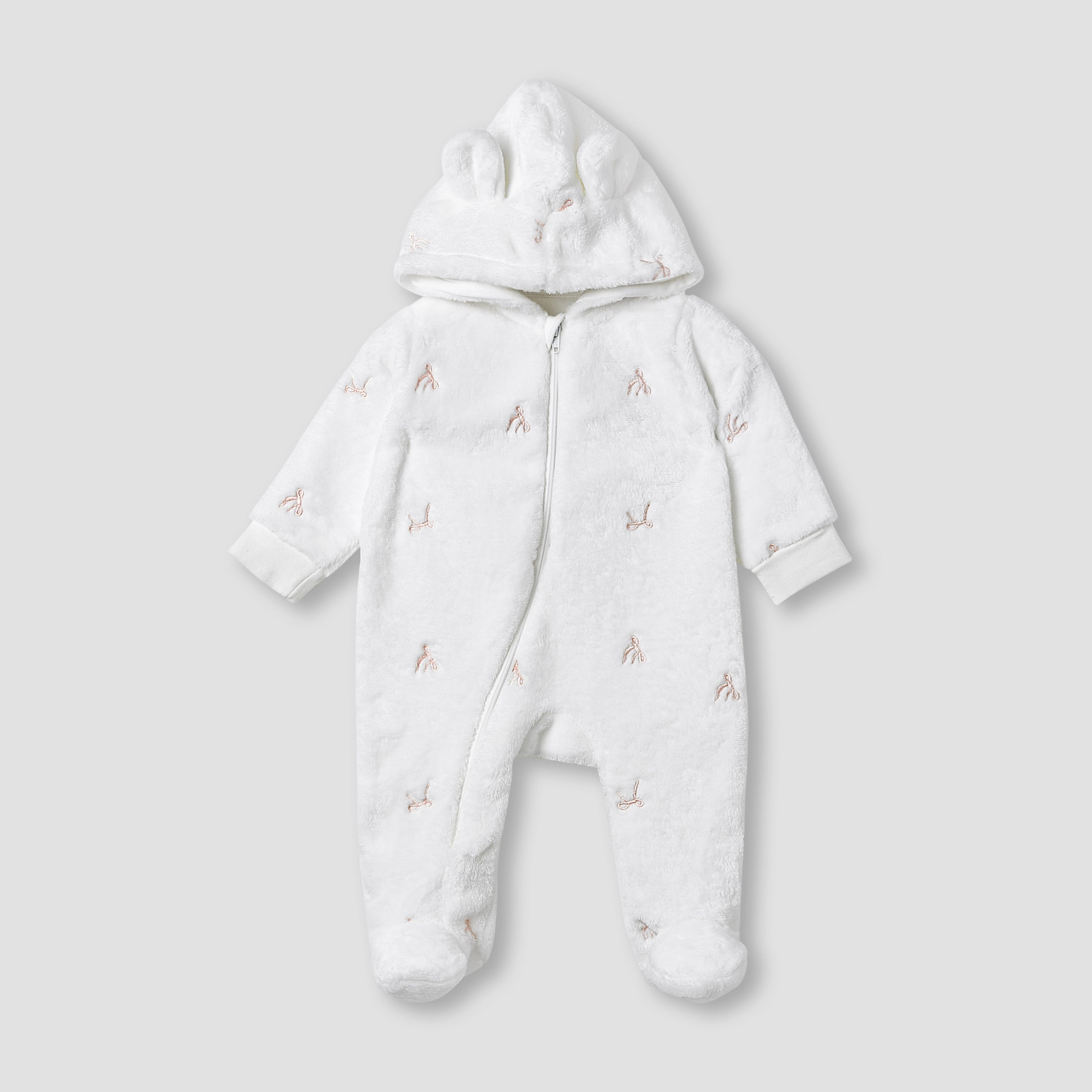 Juniors Hooded Sleepsuit with Bow Embroidery - Polyester - Long Sleeves - White / 9-12 mths