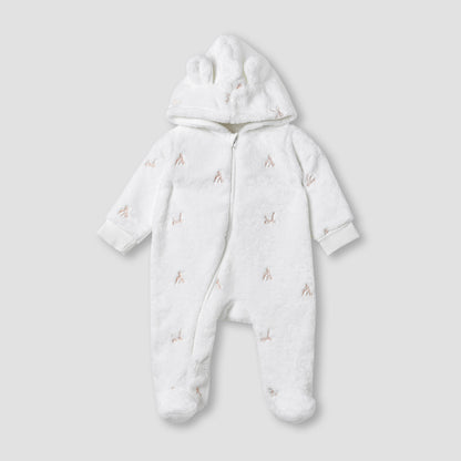Juniors Hooded Sleepsuit with Bow Embroidery - Polyester - Long Sleeves - White / 9-12 mths