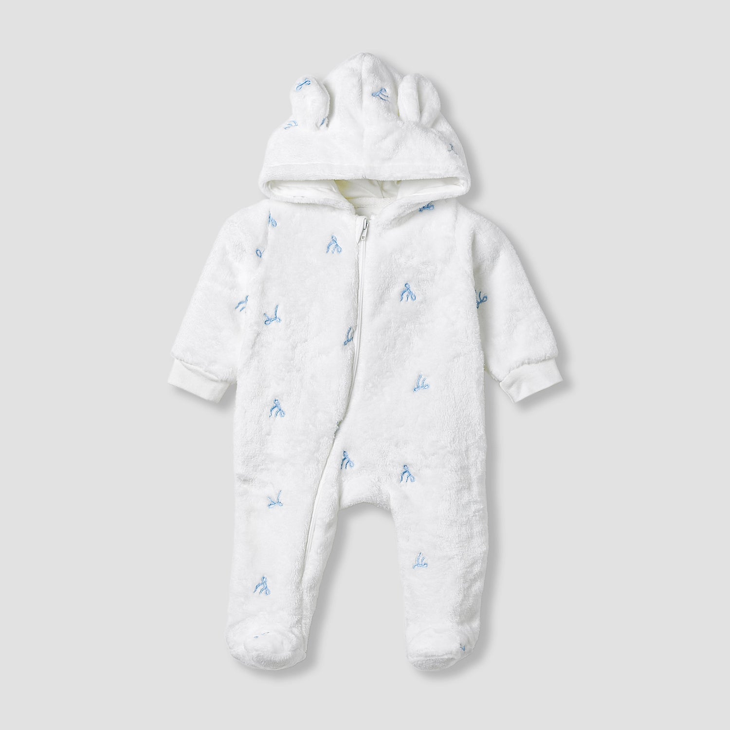 Juniors Hooded Sleepsuit with Bow Embroidery - Polyester - Long Sleeves - White / 9-12 mths