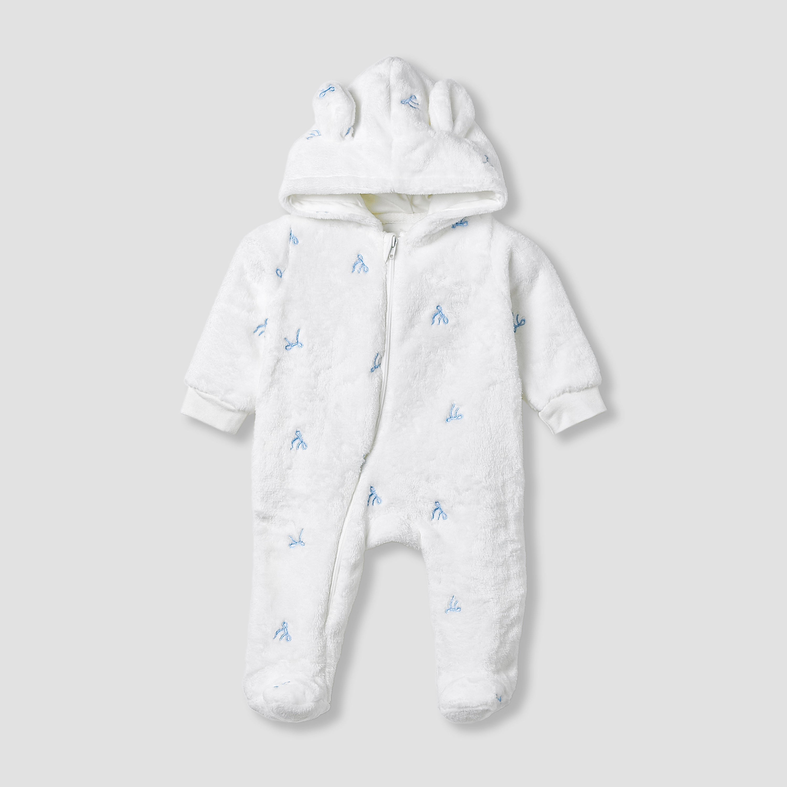 Juniors Hooded Sleepsuit with Bow Embroidery - Polyester - Long Sleeves - White / 9-12 mths