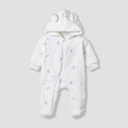 Juniors Hooded Sleepsuit with Bow Embroidery - Polyester - Long Sleeves - White / 9-12 mths