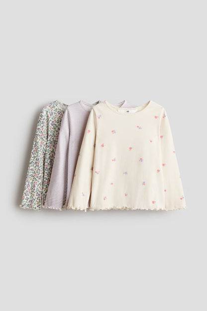 3-pack ribbed jersey tops - Light Beige Floral / 8-10 Years