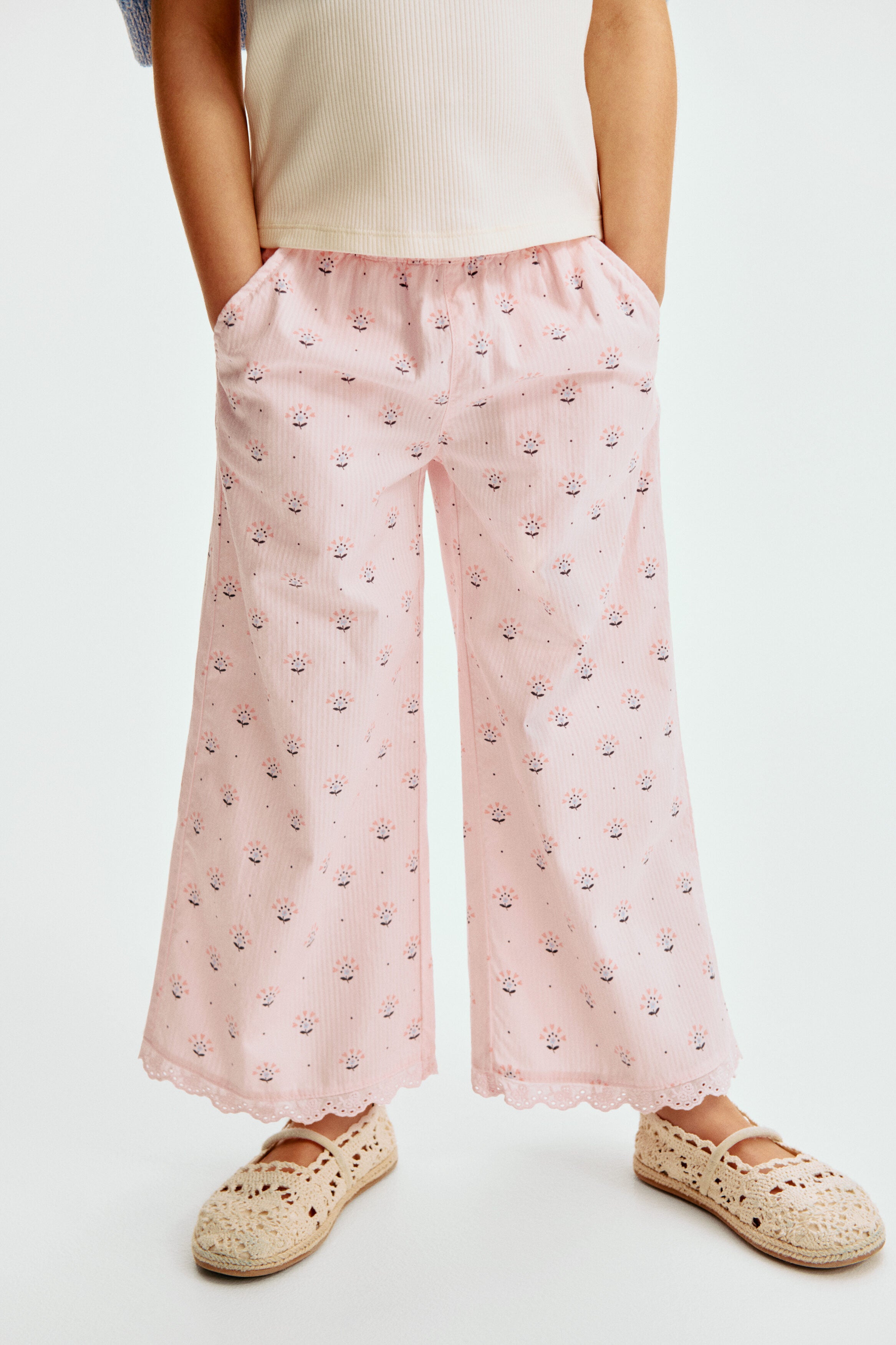 Lace-trimmed seersucker trousers