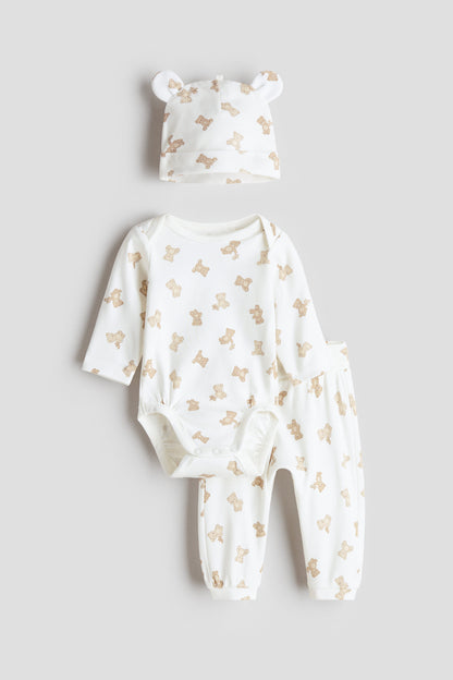3-piece cotton set - White Teddy Bears 0 / 1-2 Months