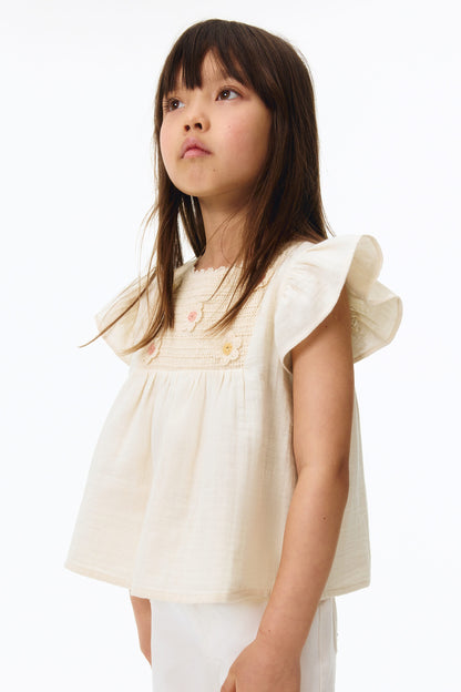 Appliquéd cotton blouse - White Flowers / 1.5-2 Years