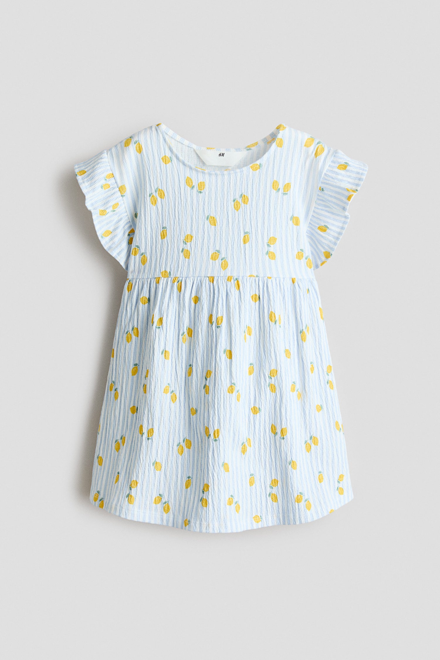 Flutter-sleeved cotton dress - Light Blue Striped Lemons / 8-10 Years