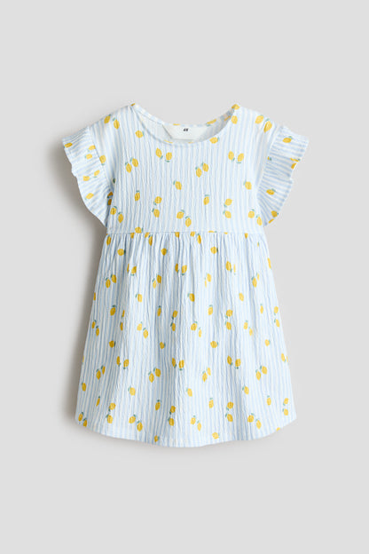Flutter-sleeved cotton dress - Light Blue Striped Lemons / 8-10 Years