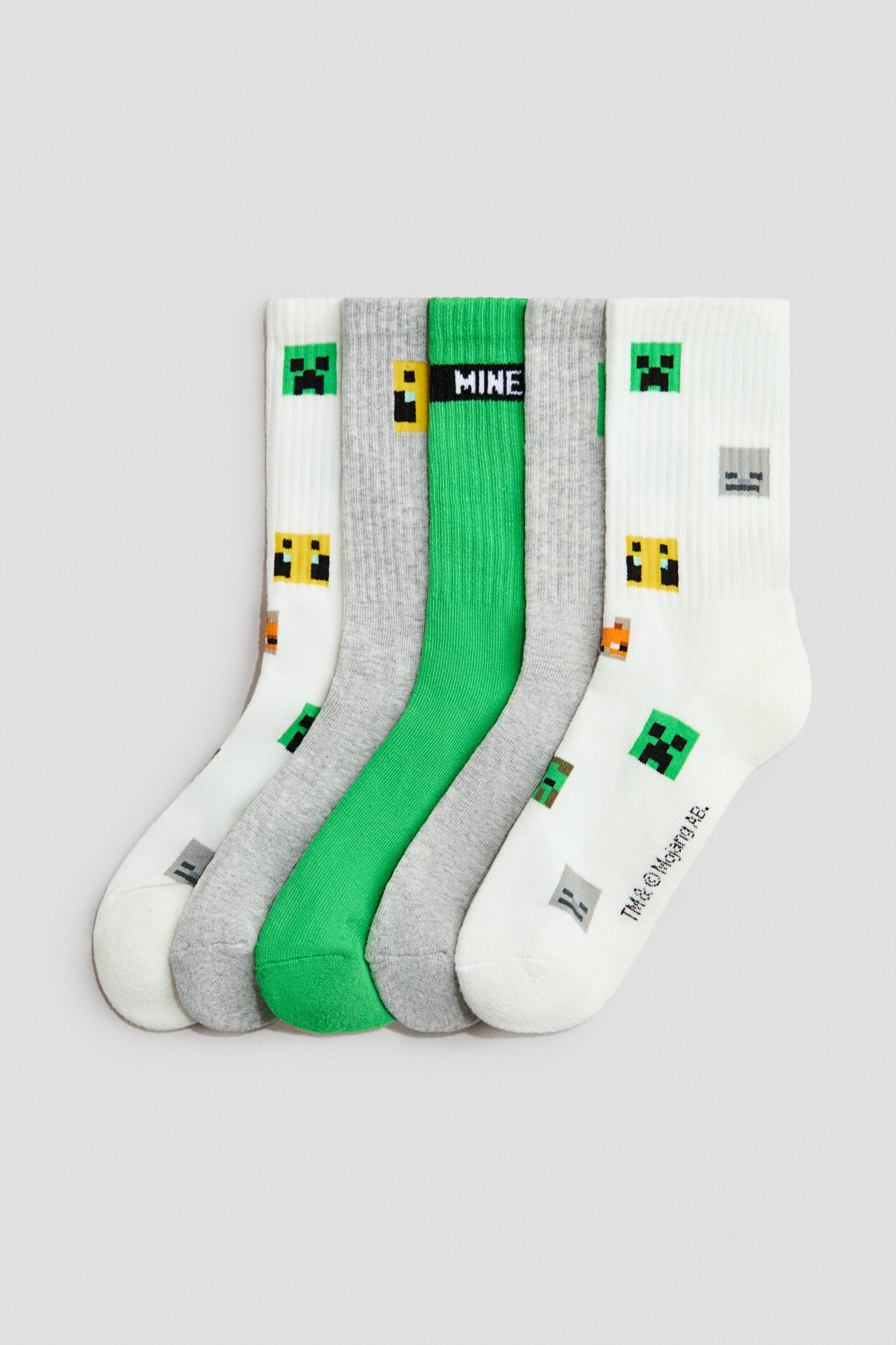 5-pack intarsia motif socks - Green Minecraft / 1.5-3.5