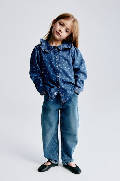 Frill-collar denim blouse