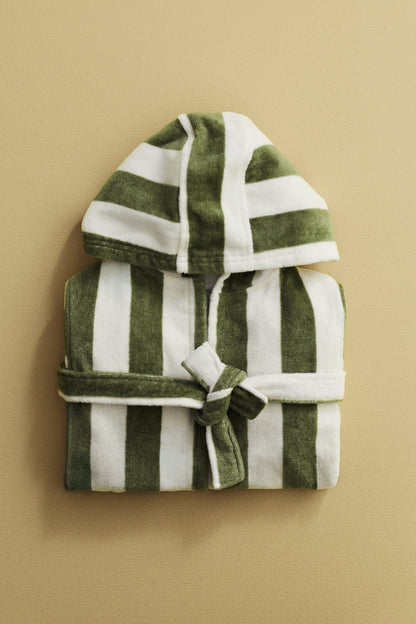 Cotton terry dressing gown - Green White Striped / 8-10 Years