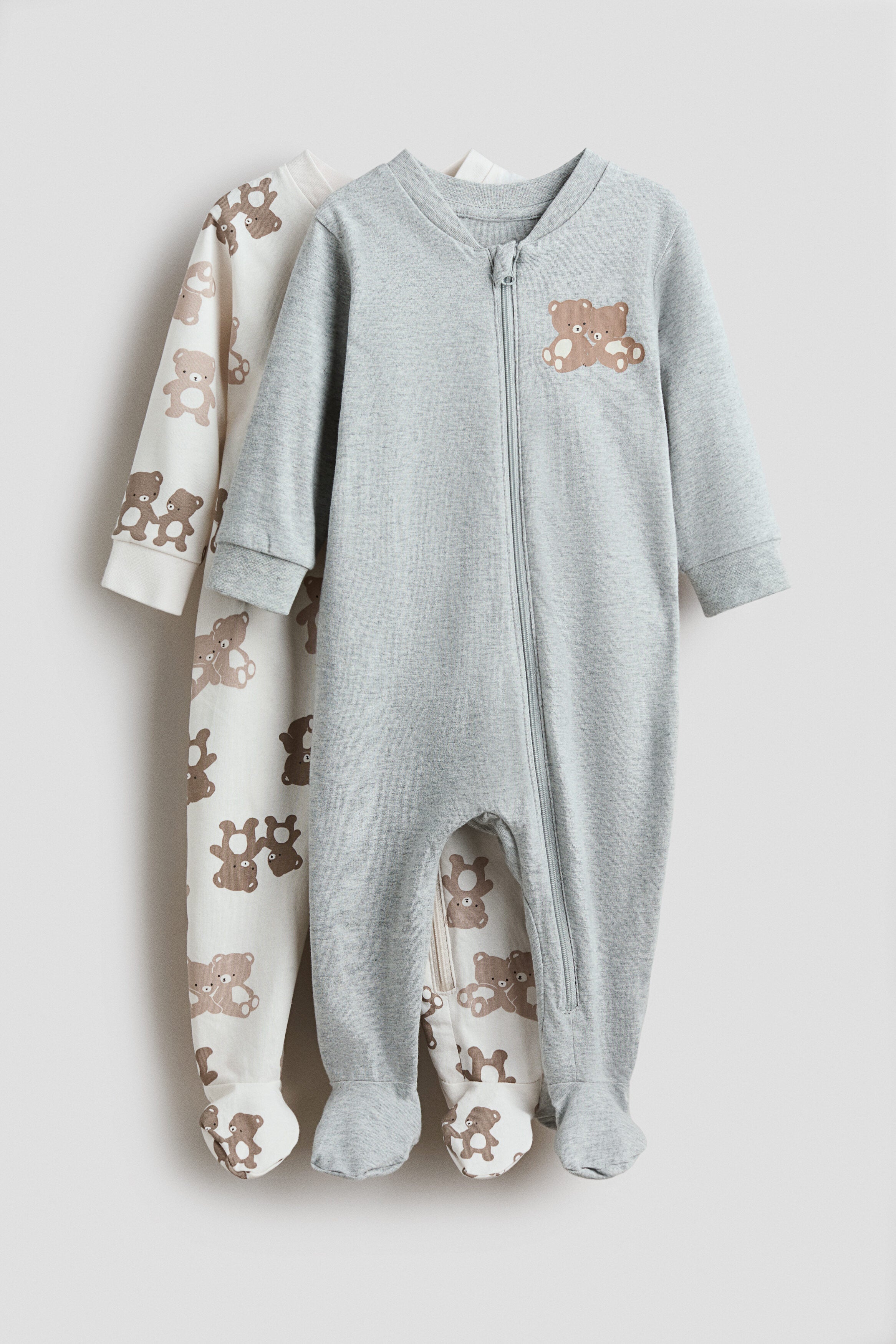 2-pack zip-up sleepsuits - Light Grey Teddy Bears / 12-18 Months