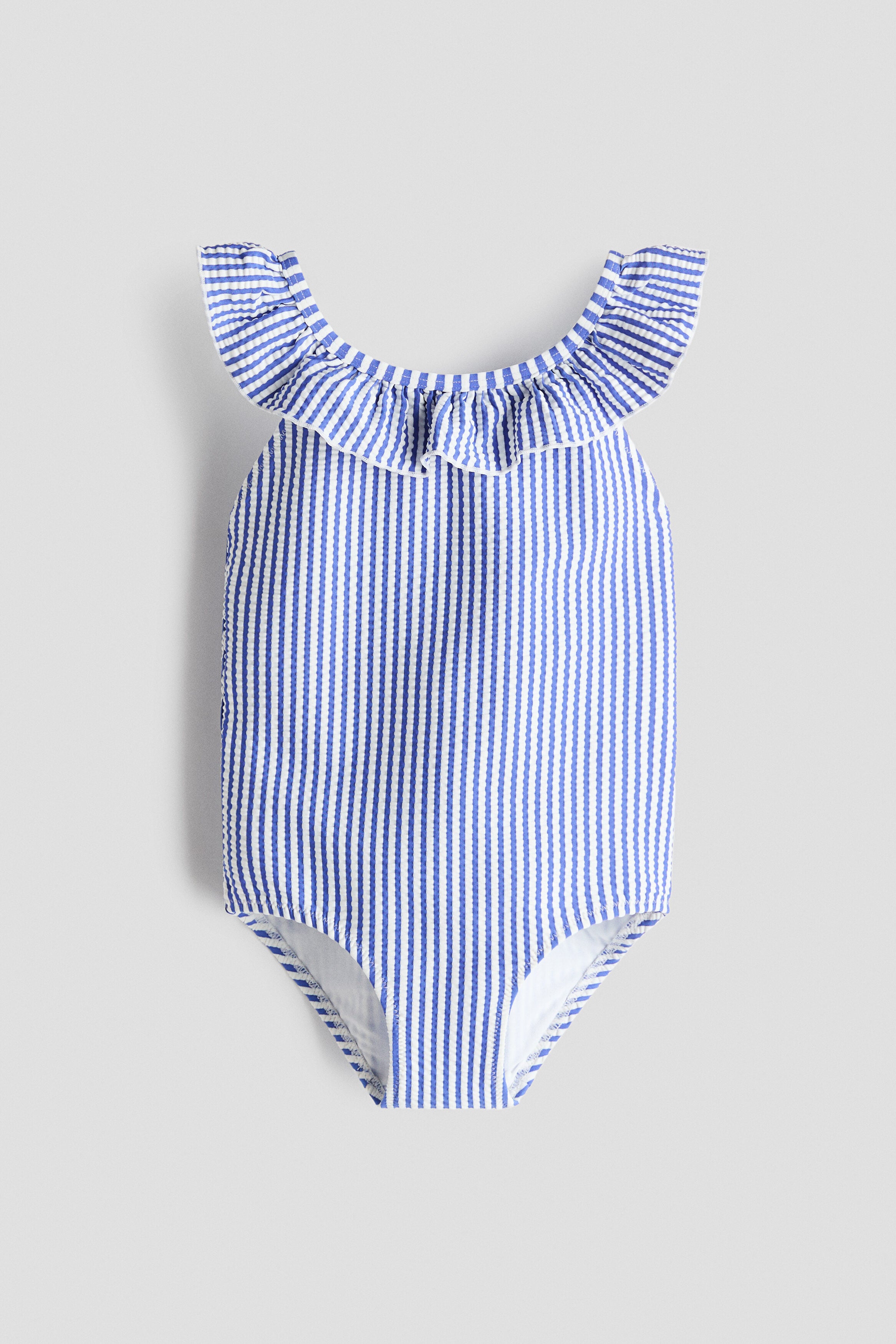 Frill-trimmed swimsuit - Blue White Striped / 8-10 Years