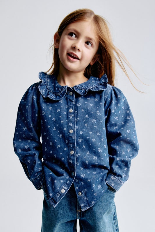 Frill-collar denim blouse