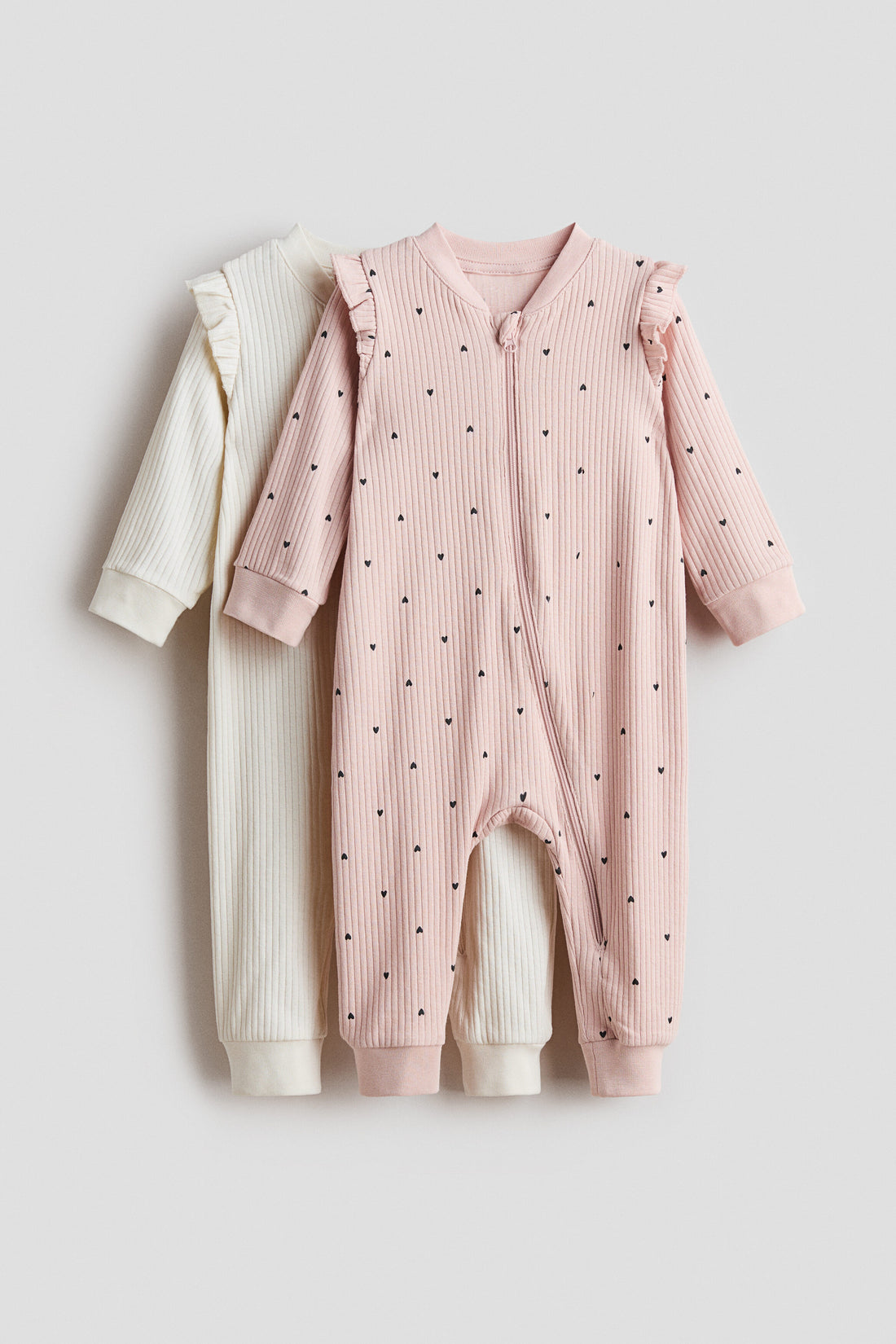2-pack ribbed cotton sleepsuits - Light Dusty Pink Hearts / 12M