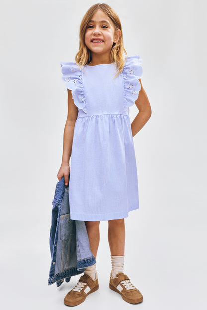 Flounce-trimmed cotton dress - Light Blue Striped 0 / 1.5-2 Years