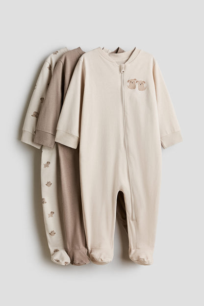 3-pack zip-up sleepsuits - Beige Puppies / 12-18 Months