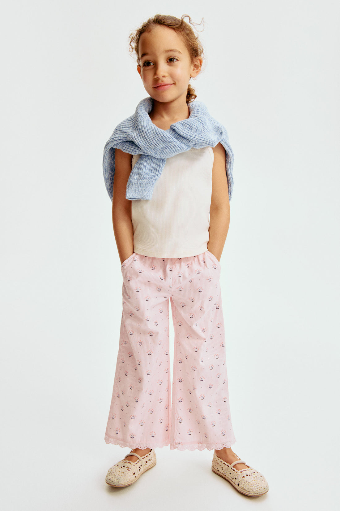 Lace-trimmed seersucker trousers