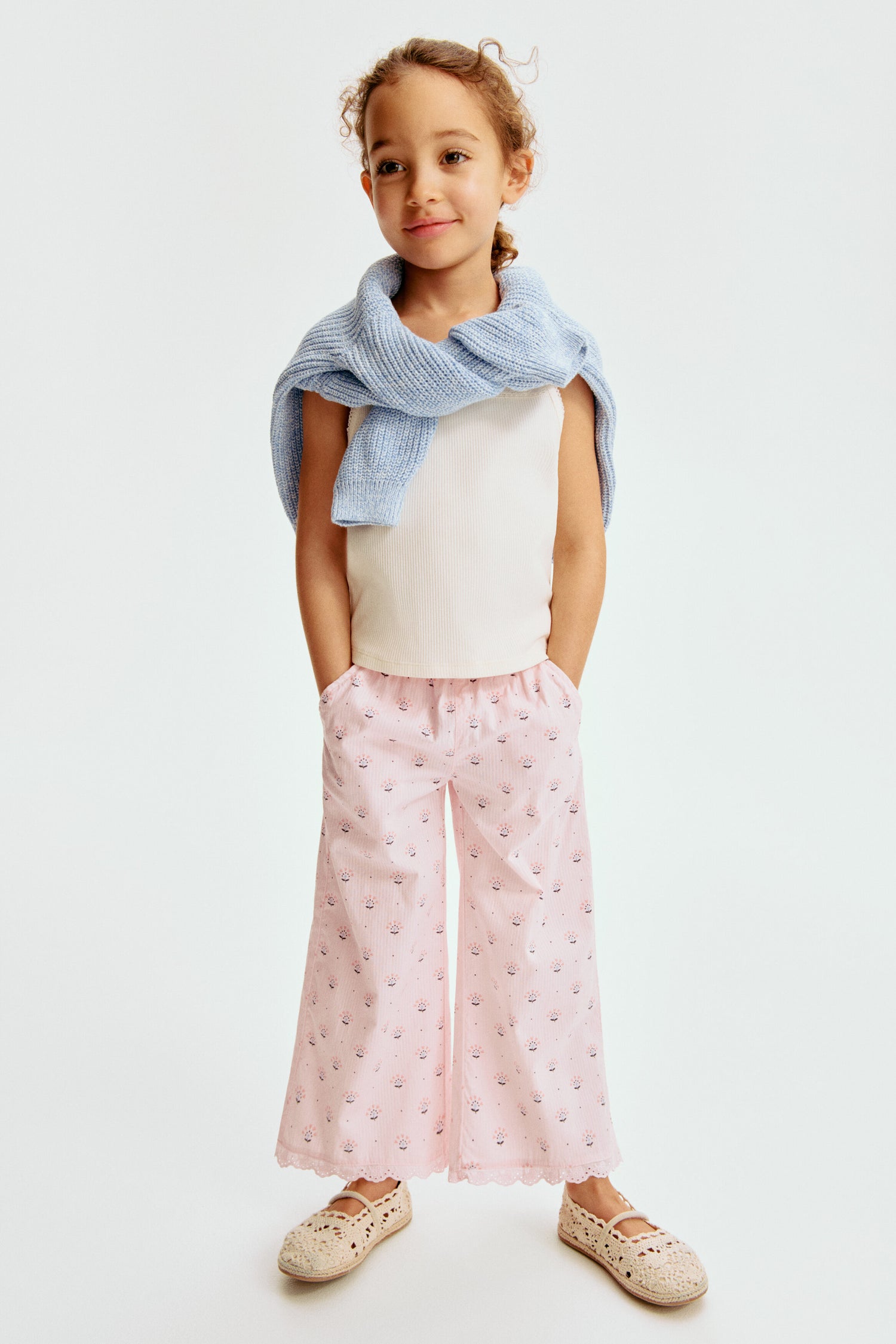 Lace-trimmed seersucker trousers