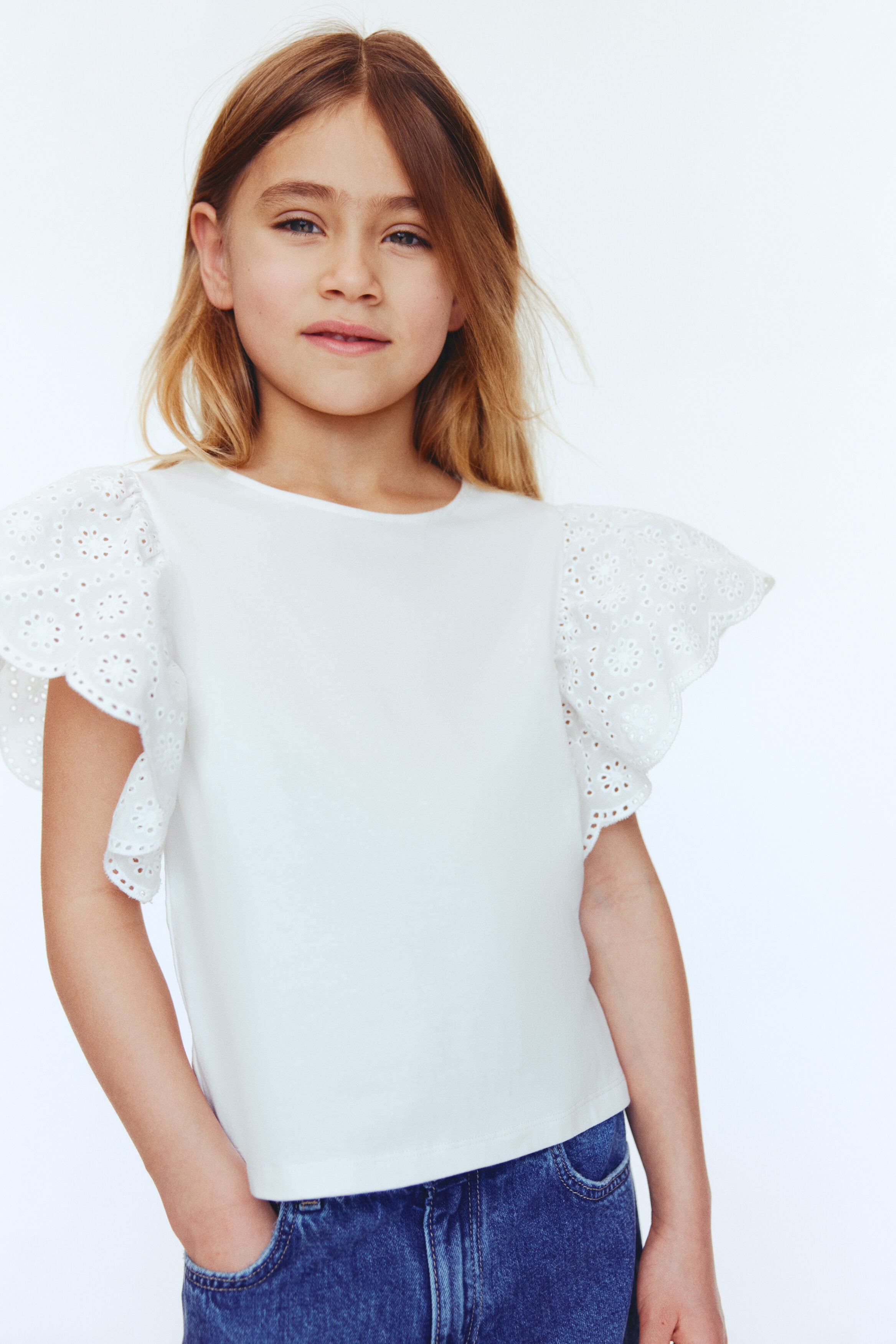Flutter-sleeved broderie anglaise top - White 0 / 1.5-2 Years