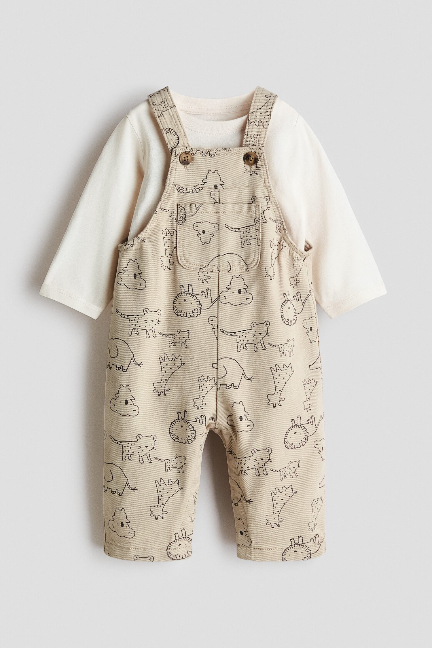 2-piece dungarees and top set - Light Beige Animals / 2-3 Years