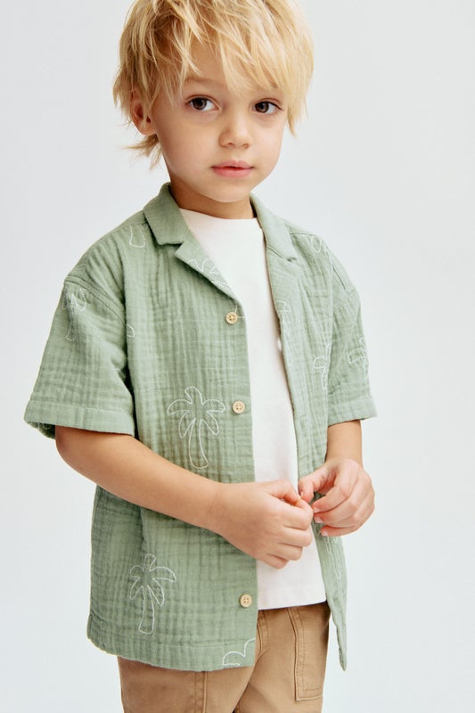 Embroidered muslin resort shirt