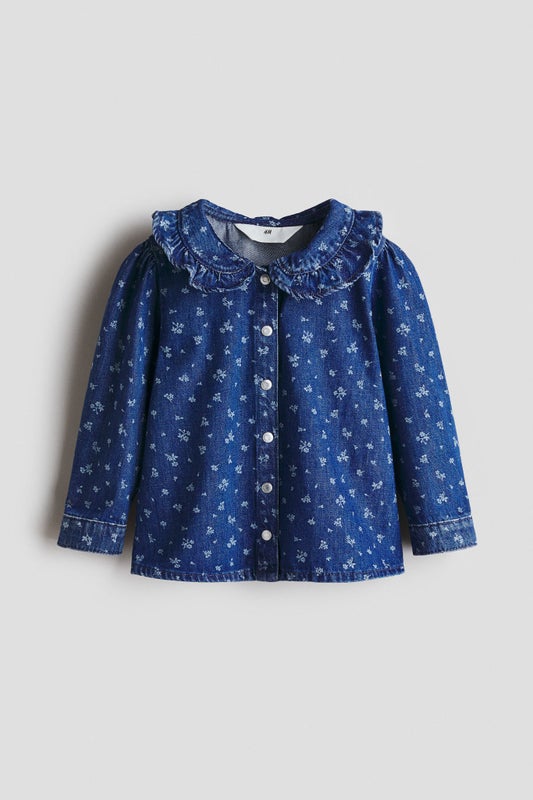 Frill-collar denim blouse