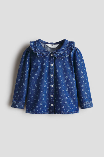 Frill-collar denim blouse