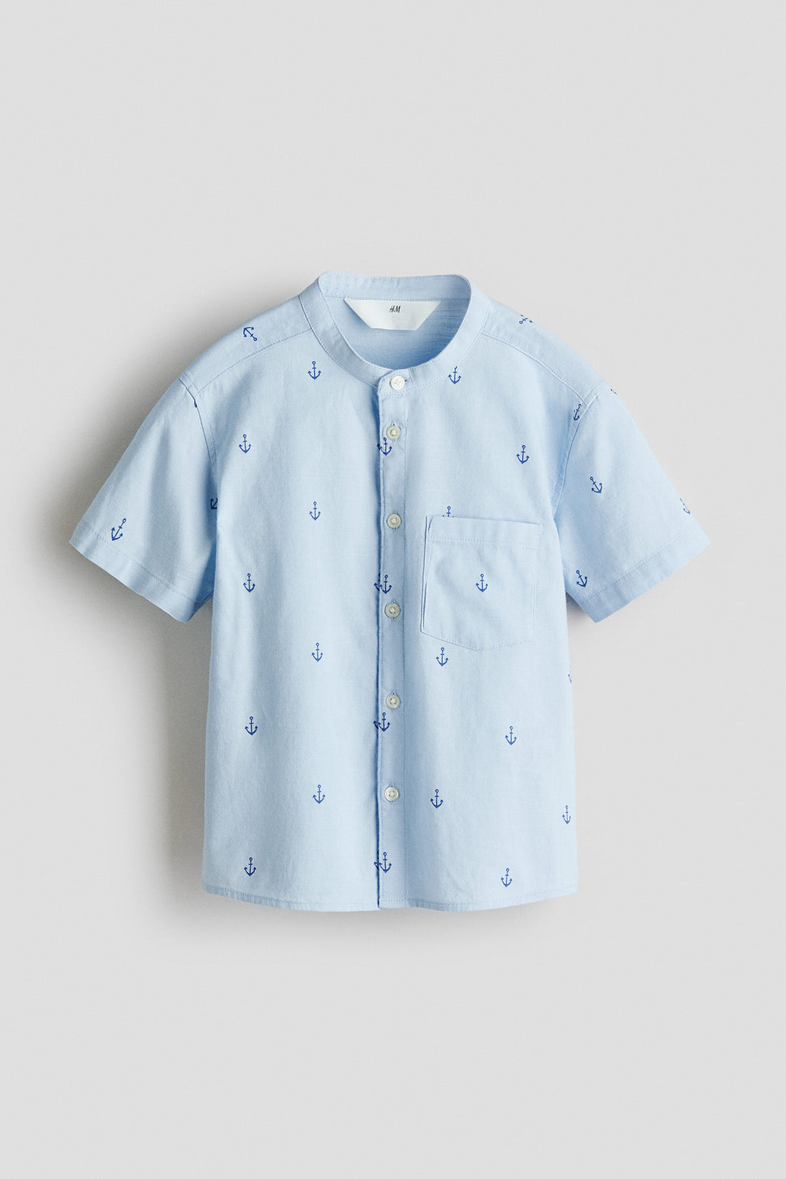 Linen-blend grandad shirt - Light Blue Anchors / 9-10 Years