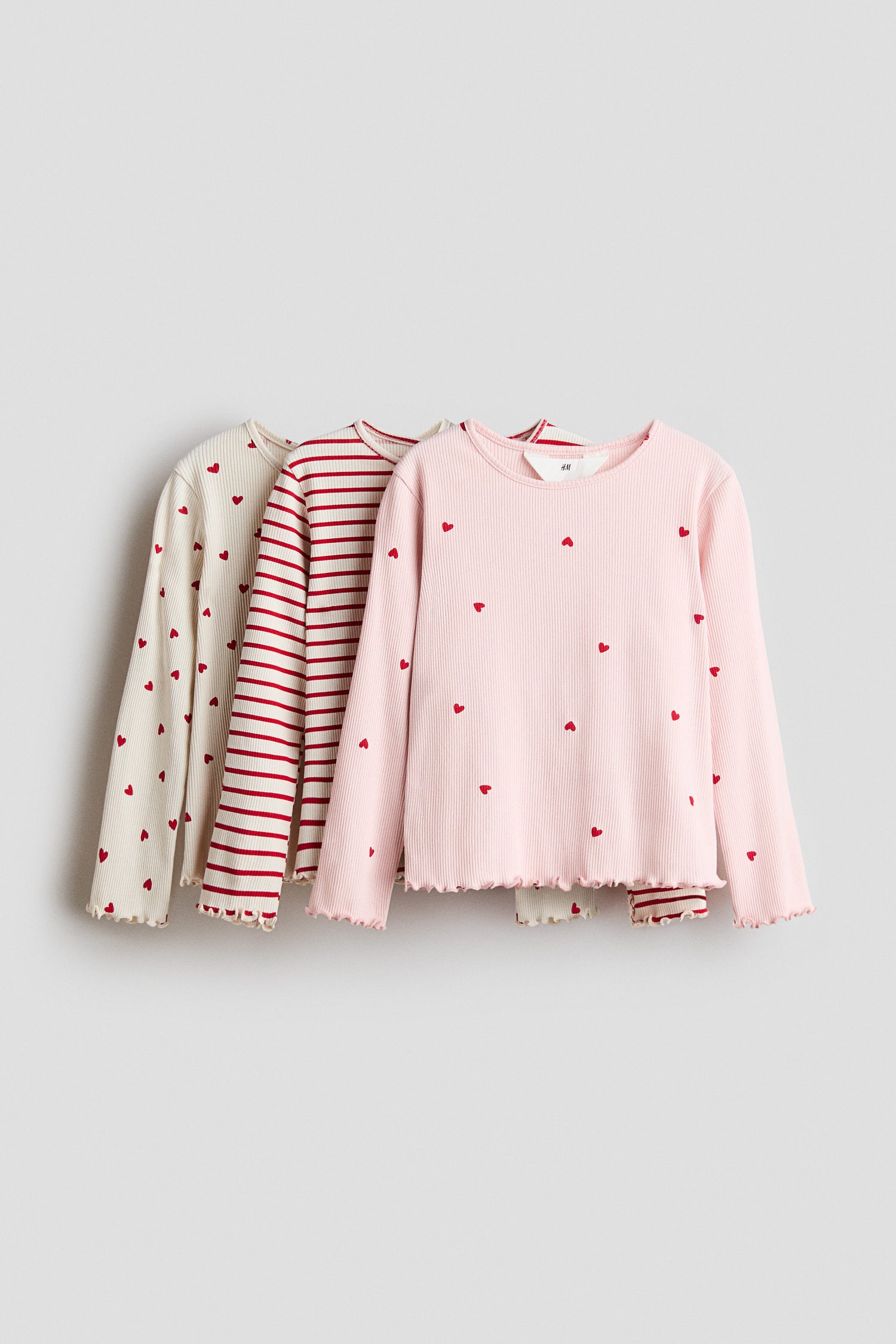 3-pack ribbed jersey tops - Light Beige Hearts / 8-10 Years