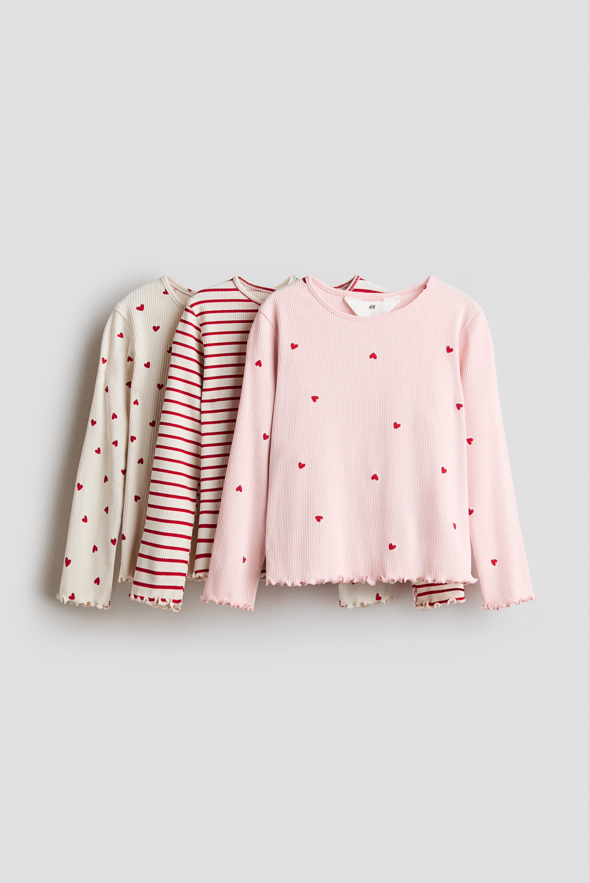 3-pack ribbed jersey tops - Light Beige Hearts / 8-10 Years