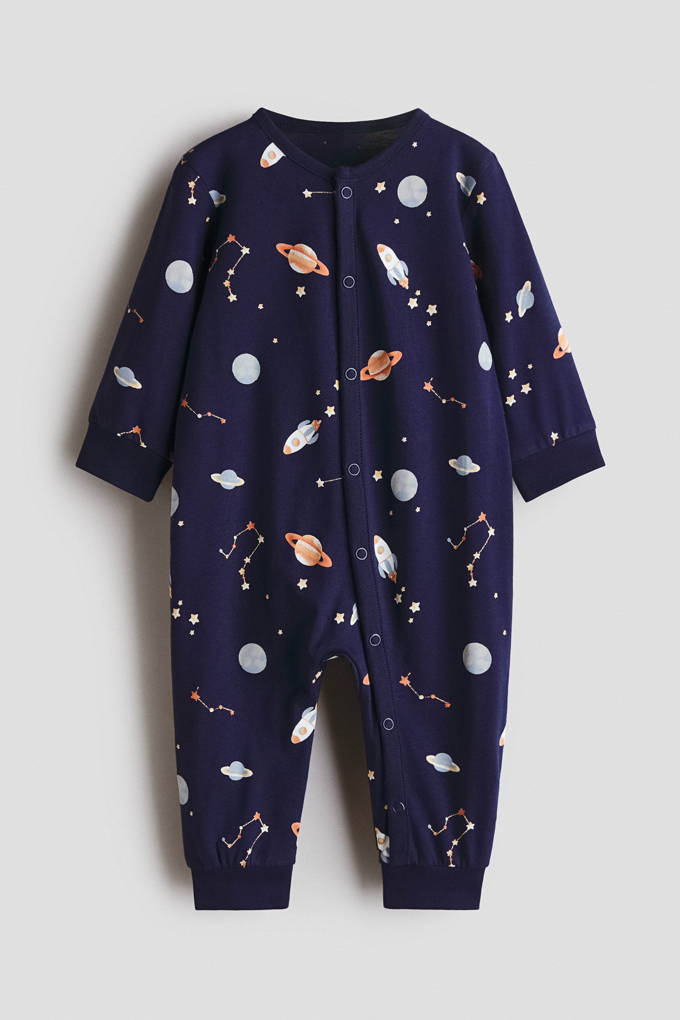 Frill-detail cotton sleepsuit - Blue Planets / 12M