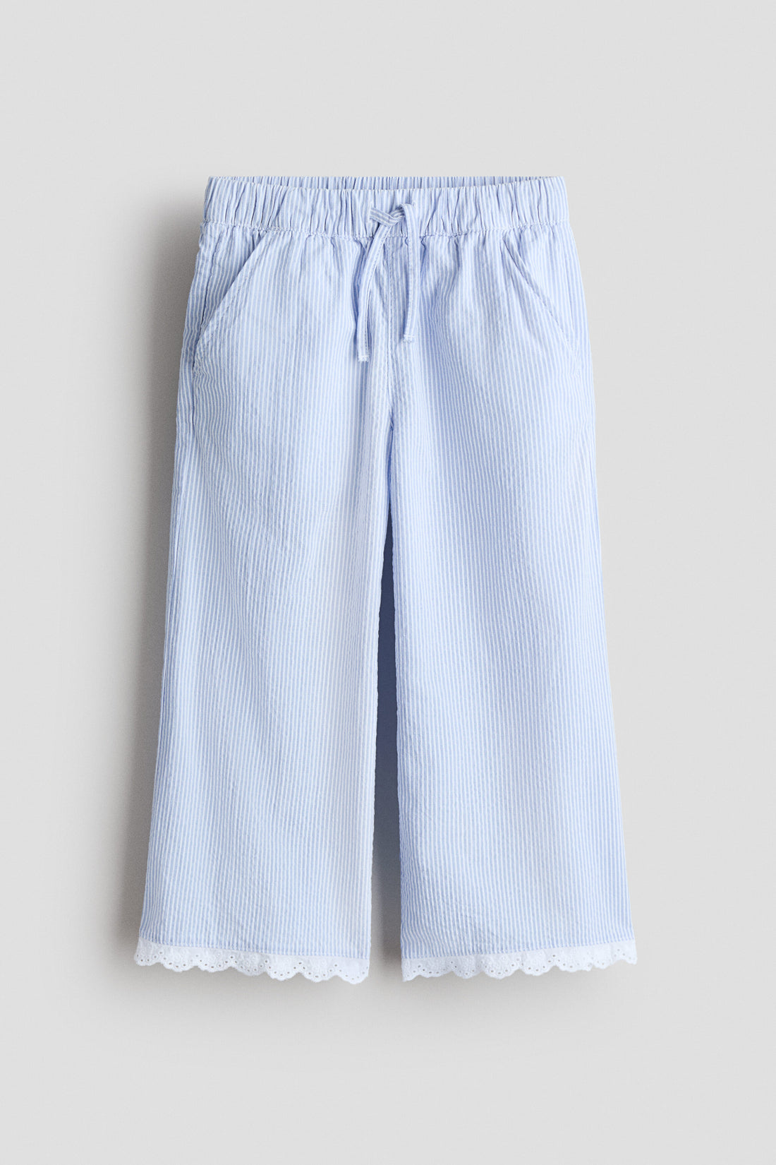 Lace-trimmed seersucker trousers - Light Blue Striped / 1.5-2 Years