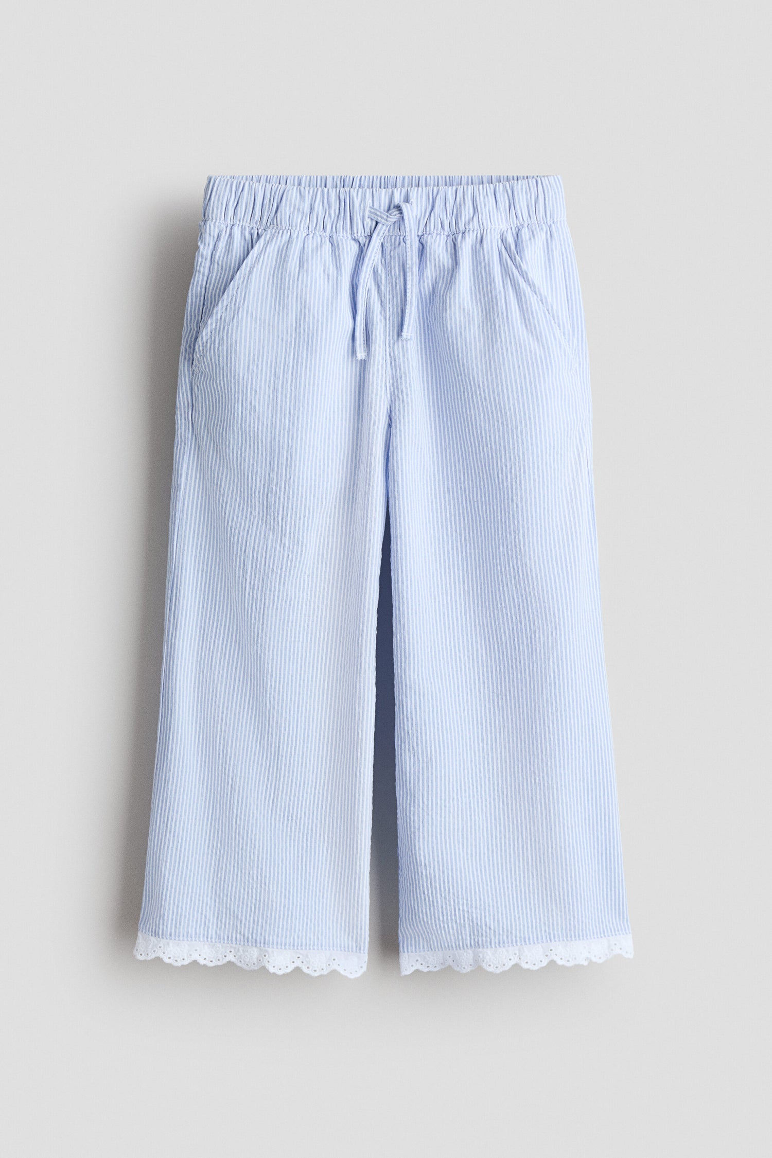 Lace-trimmed seersucker trousers - Light Blue Striped / 1.5-2 Years