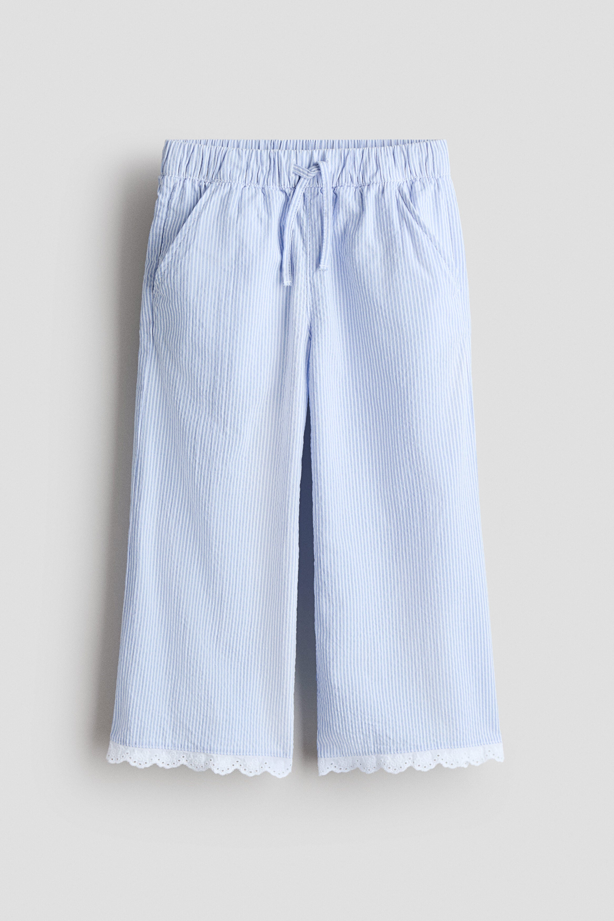Lace-trimmed seersucker trousers - Light Blue Striped / 1.5-2 Years