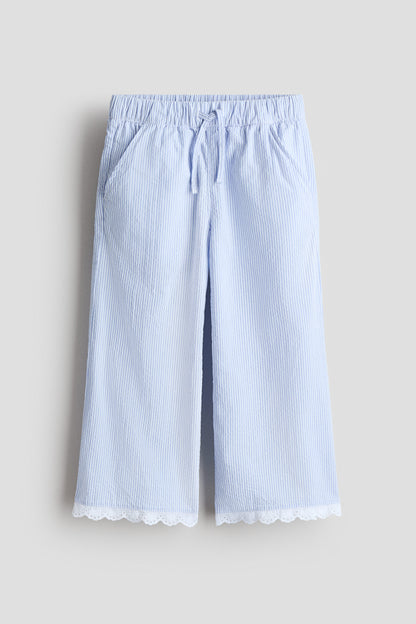 Lace-trimmed seersucker trousers - Light Blue Striped / 1.5-2 Years