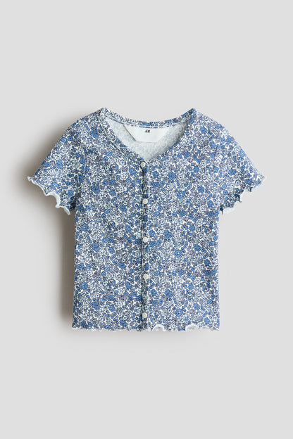 Button-detail ribbed top - Blue Floral / 6-8 Years