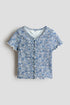 Button-detail ribbed top - Blue Floral / 6-8 Years