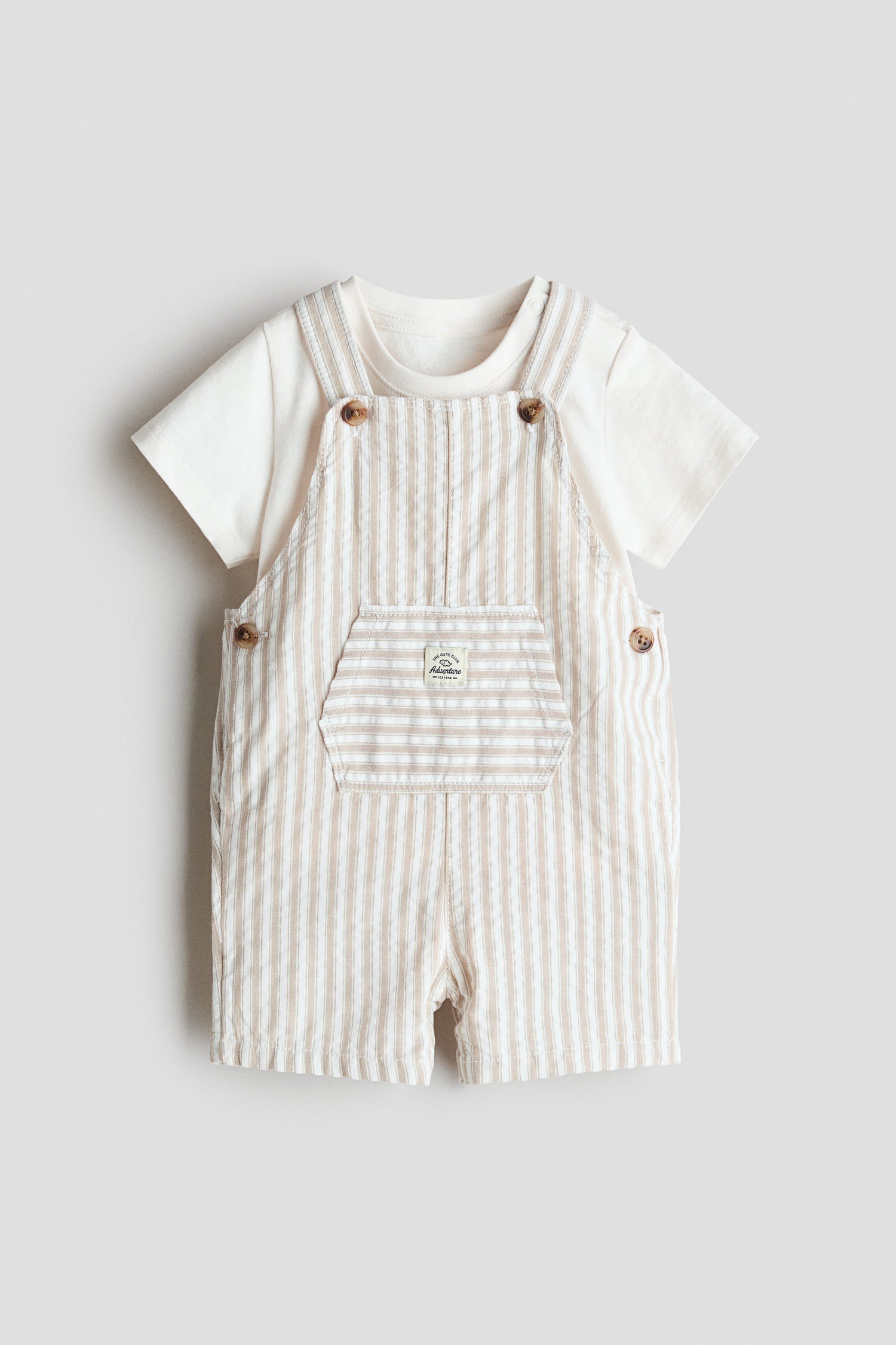 2-piece dungaree shorts and T-shirt set - White Beige Striped / 12-18 Months