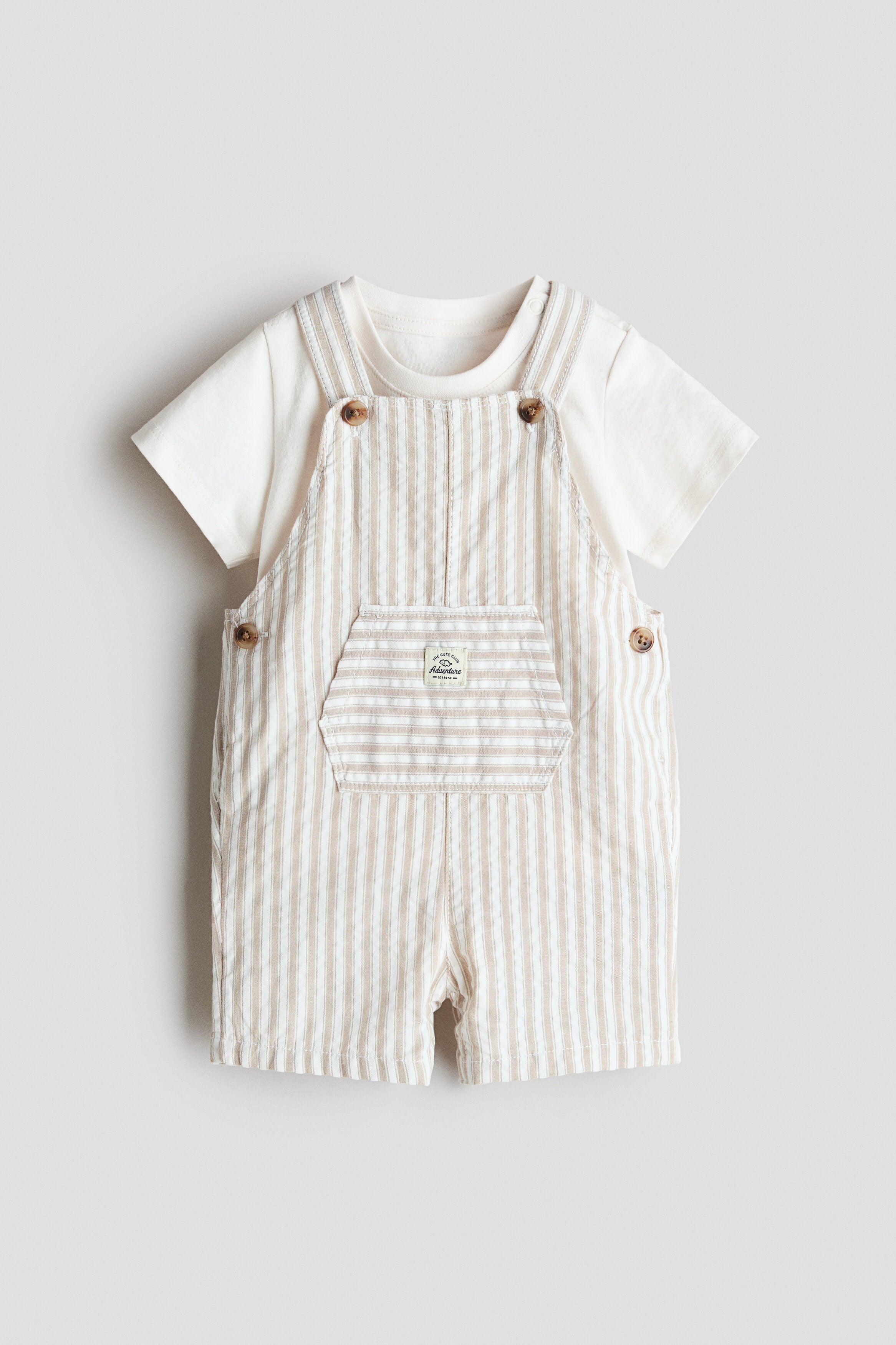 2-piece dungaree shorts and T-shirt set - White Beige Striped / 12-18 Months