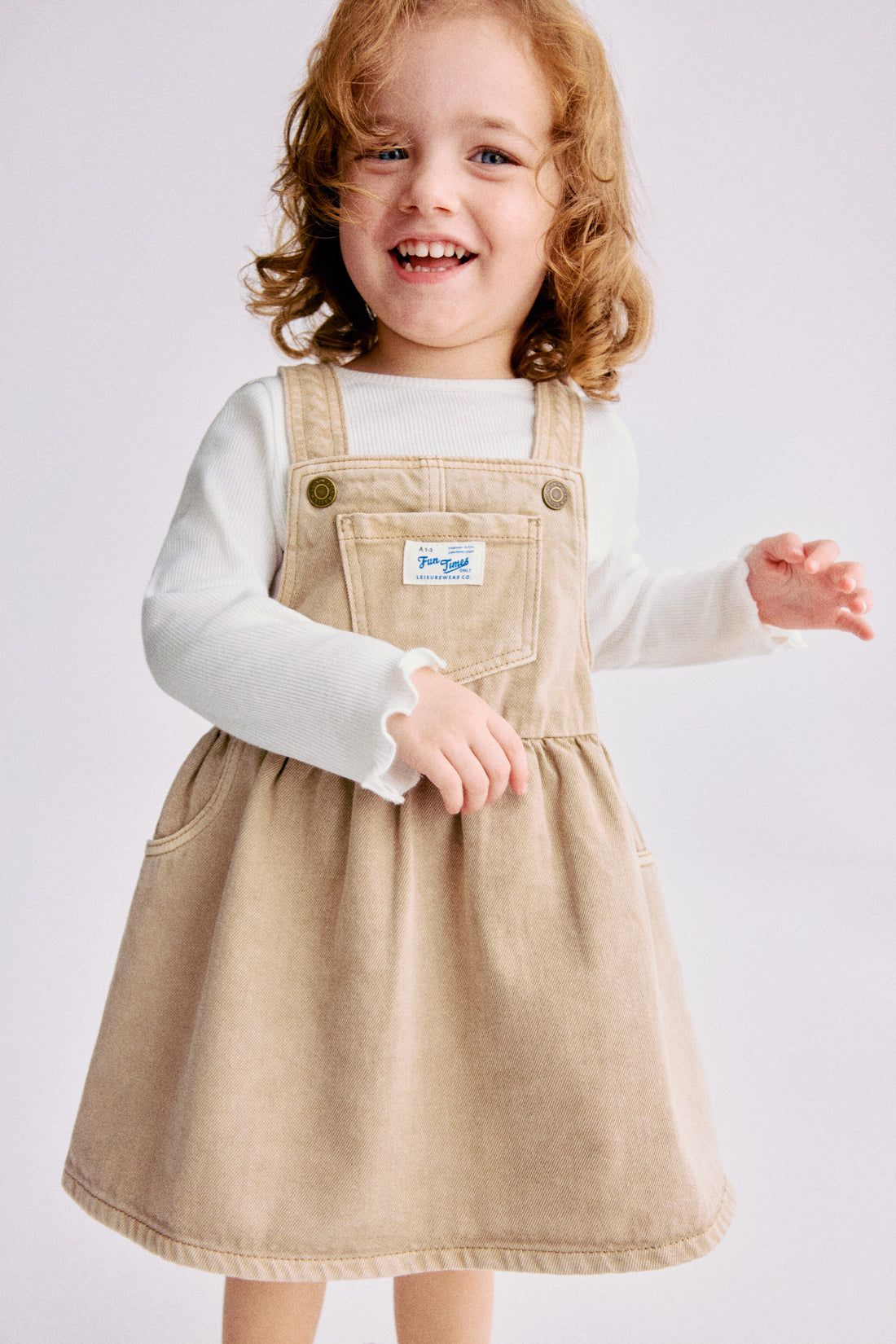 2-piece dungaree dress and top set - Beige White / 12-18 Months