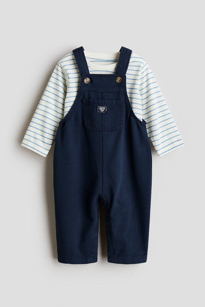 2-piece dungarees and top set - Blue White 0 / 12-18 Months