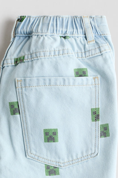 Printed denim shorts