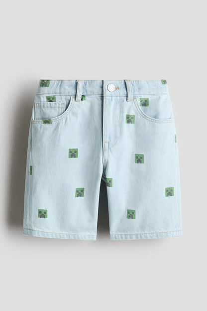 Printed denim shorts