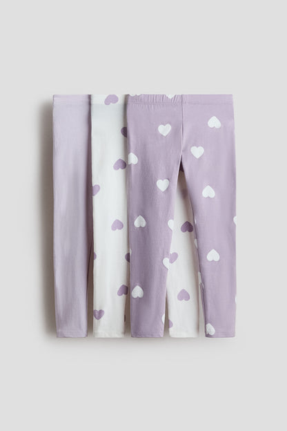 3-pack cotton jersey leggings - White Lilac Hearts / 9-10 Years