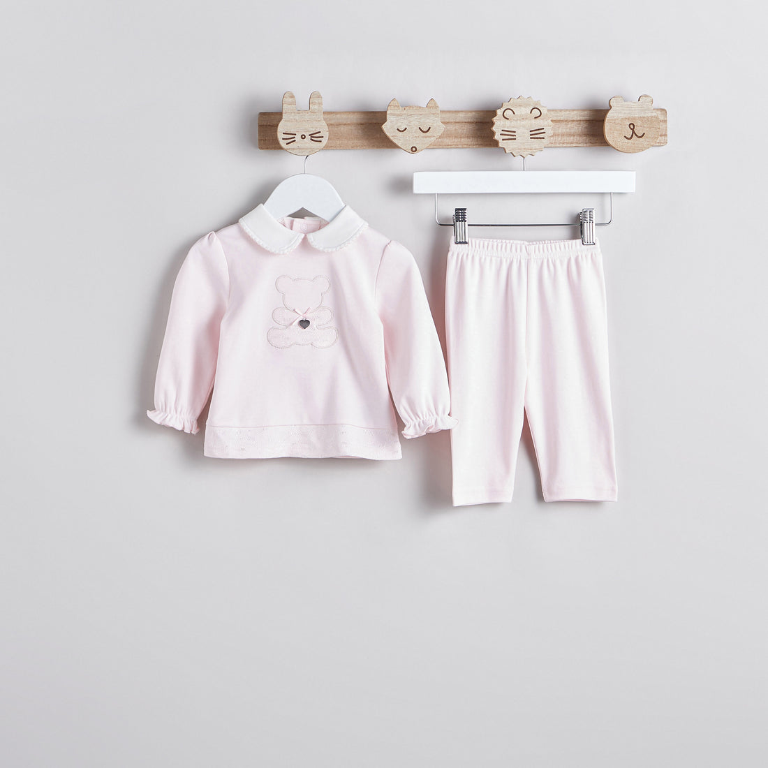 Giggles Teddy Embroidered T-shirt and Pyjama Set - Pink / 12-18 mths