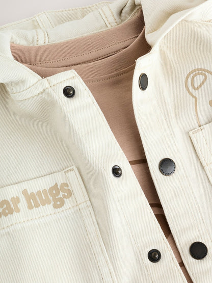 Ecru Bear Twill Hooded Overshirt and T-Shirt Set (3mths-7yrs)