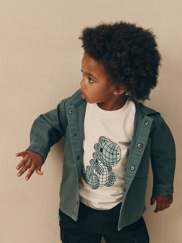 Dark Teal Blue Twill Hooded Overshirt and T-Shirt Set (3mths-7yrs) - Dark Teal Blue / 12-18 Months (80-86cm)