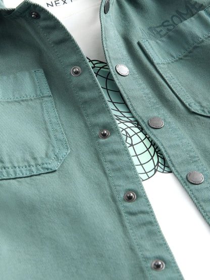 Dark Teal Blue Twill Hooded Overshirt and T-Shirt Set (3mths-7yrs)
